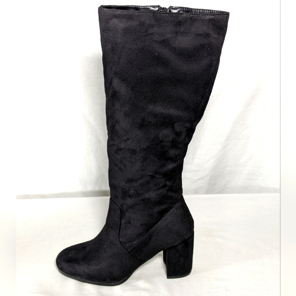 NEW Allegra K Womens Round Toe Block Heeled Knee High Boots black suede